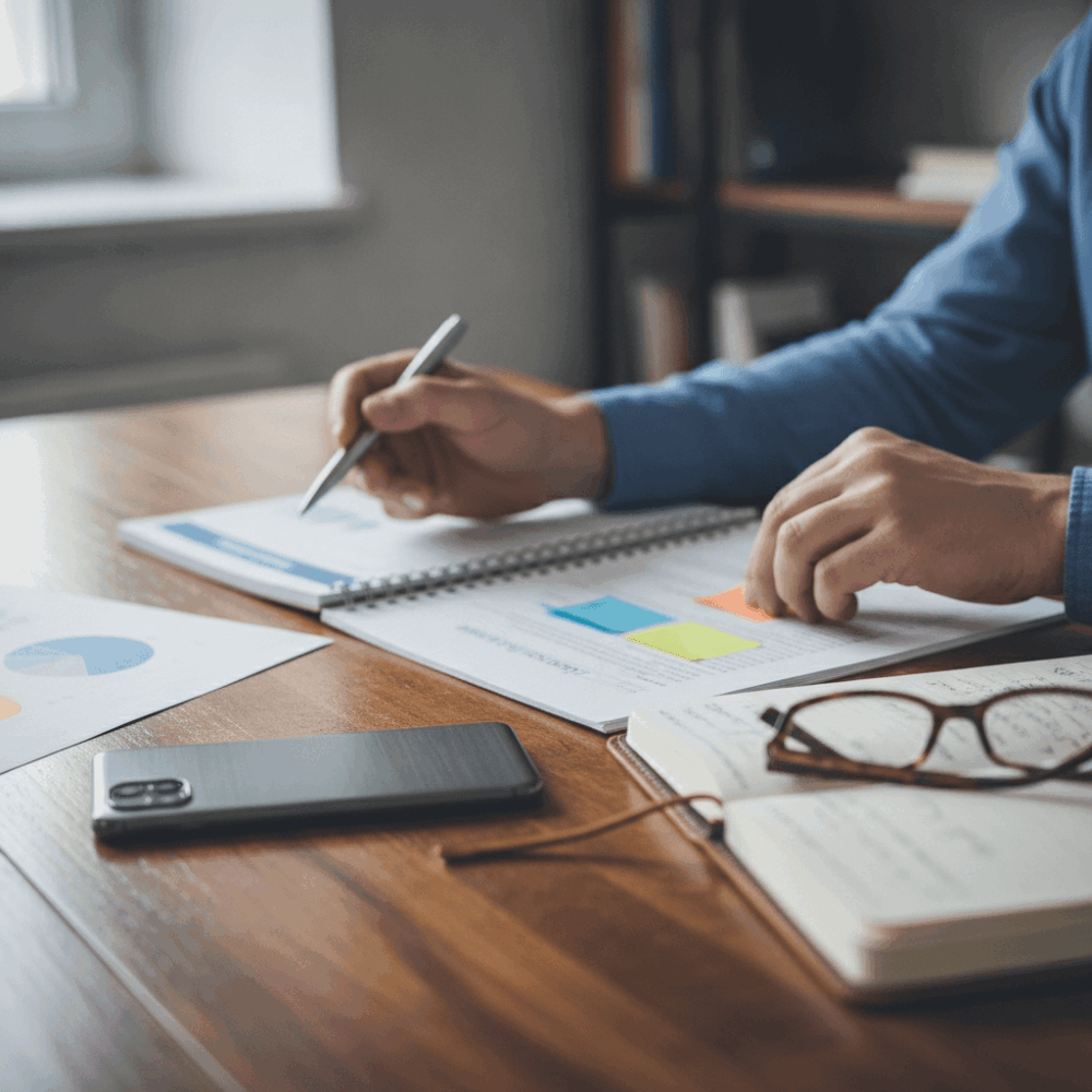 Évaluation des options d'accompagnement digital pour PME avec documents comparatifs et prise de notes