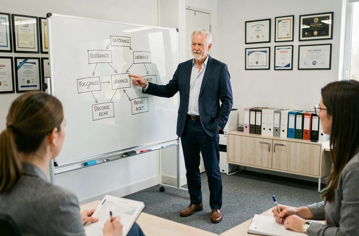 Consultant senior ACF présentant une feuille de route d'infogérance sur tableau de verre blanc devant des clients
