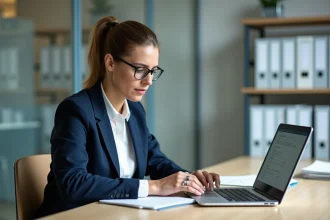 Administratrice scolaire consultant le portail numérique Dsden 33 dans un bureau institutionnel moderne