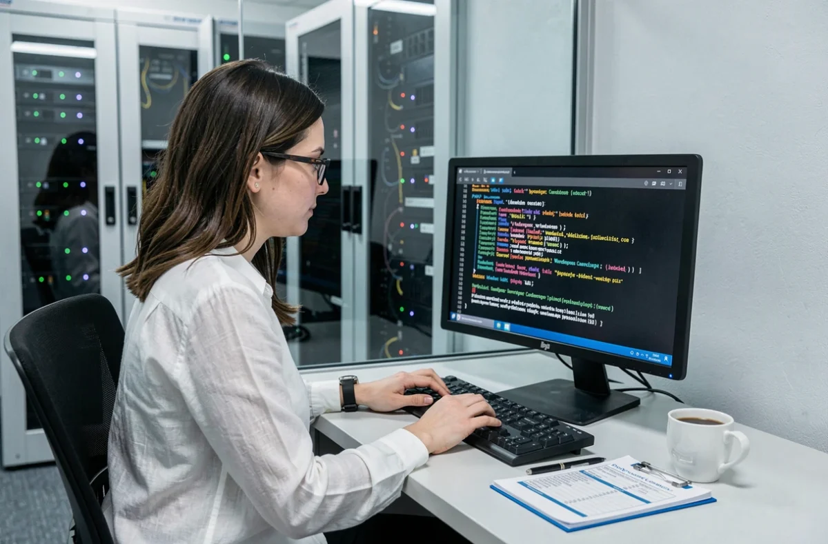 Administratrice système vérifiant la compatibilité des plugins WordPress lors d'une mise à jour PHP dans une salle serveur