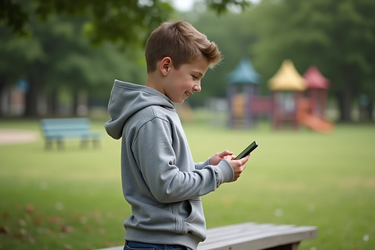 Adolescent utilisant un smartphone sur un banc de parc