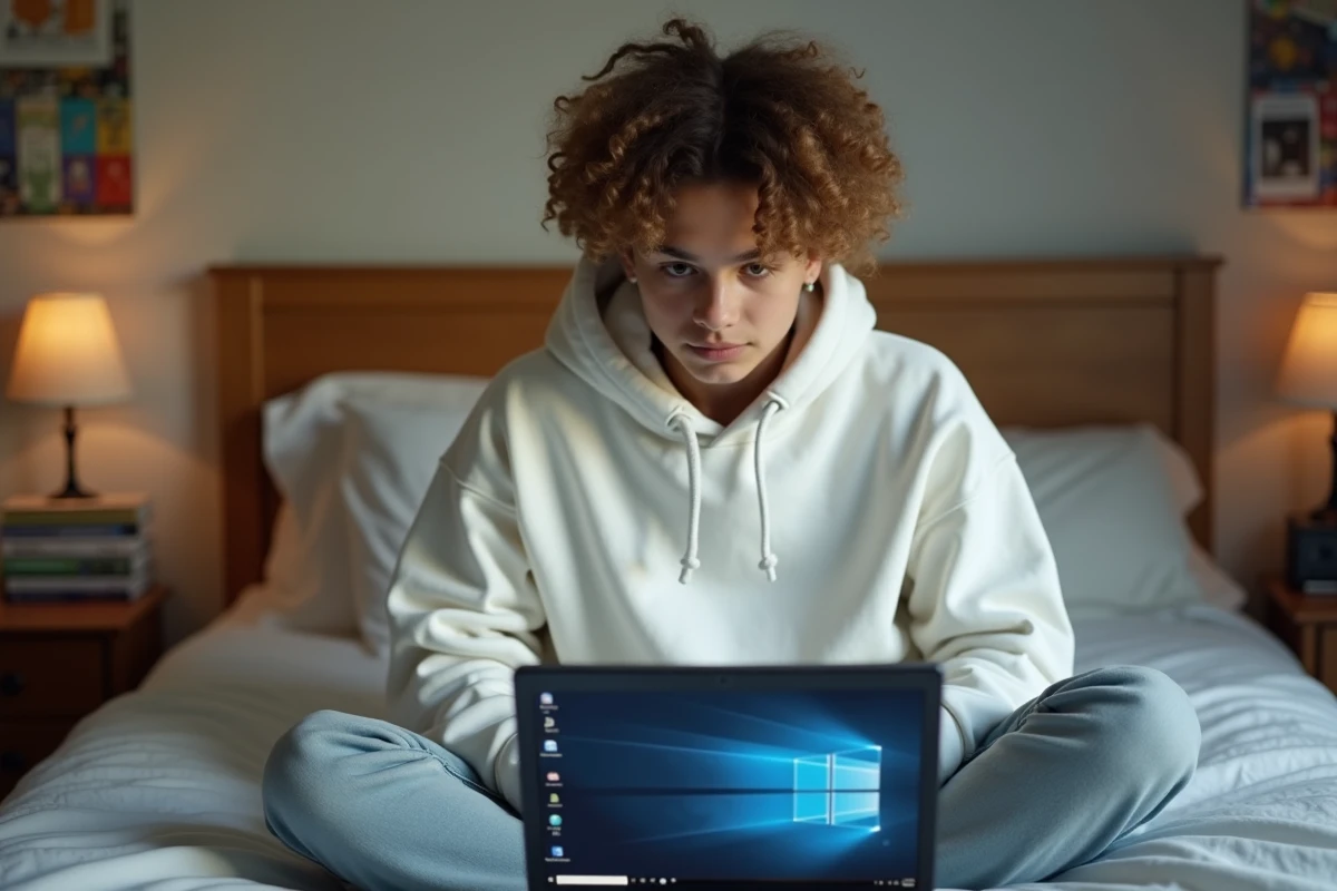 Adolescent créant un raccourci sur le bureau Windows depuis son laptop sur un lit