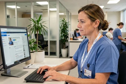 Agente AP-HP en tenue médicale consultant sa messagerie professionnelle sur un ordinateur de bureau dans un bureau hospitalier moderne