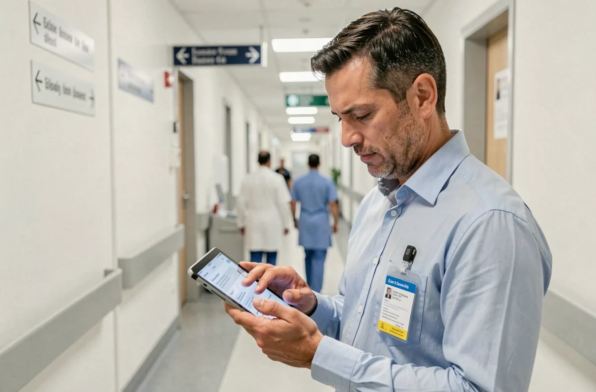 Agent AP-HP consultant sa messagerie professionnelle sur une tablette dans un couloir d'hôpital