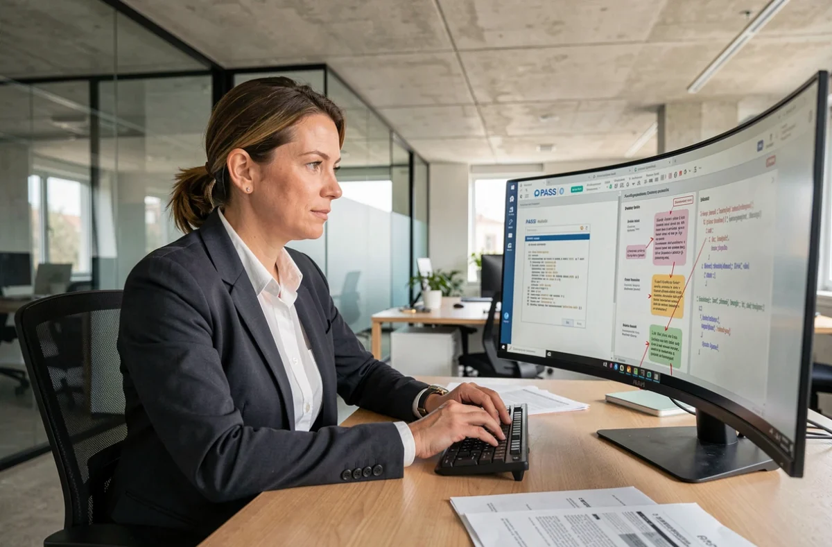 Auditrice en cybersécurité PASSI analysant des documents de conformité dans les bureaux d'Algosecure à Villeurbanne