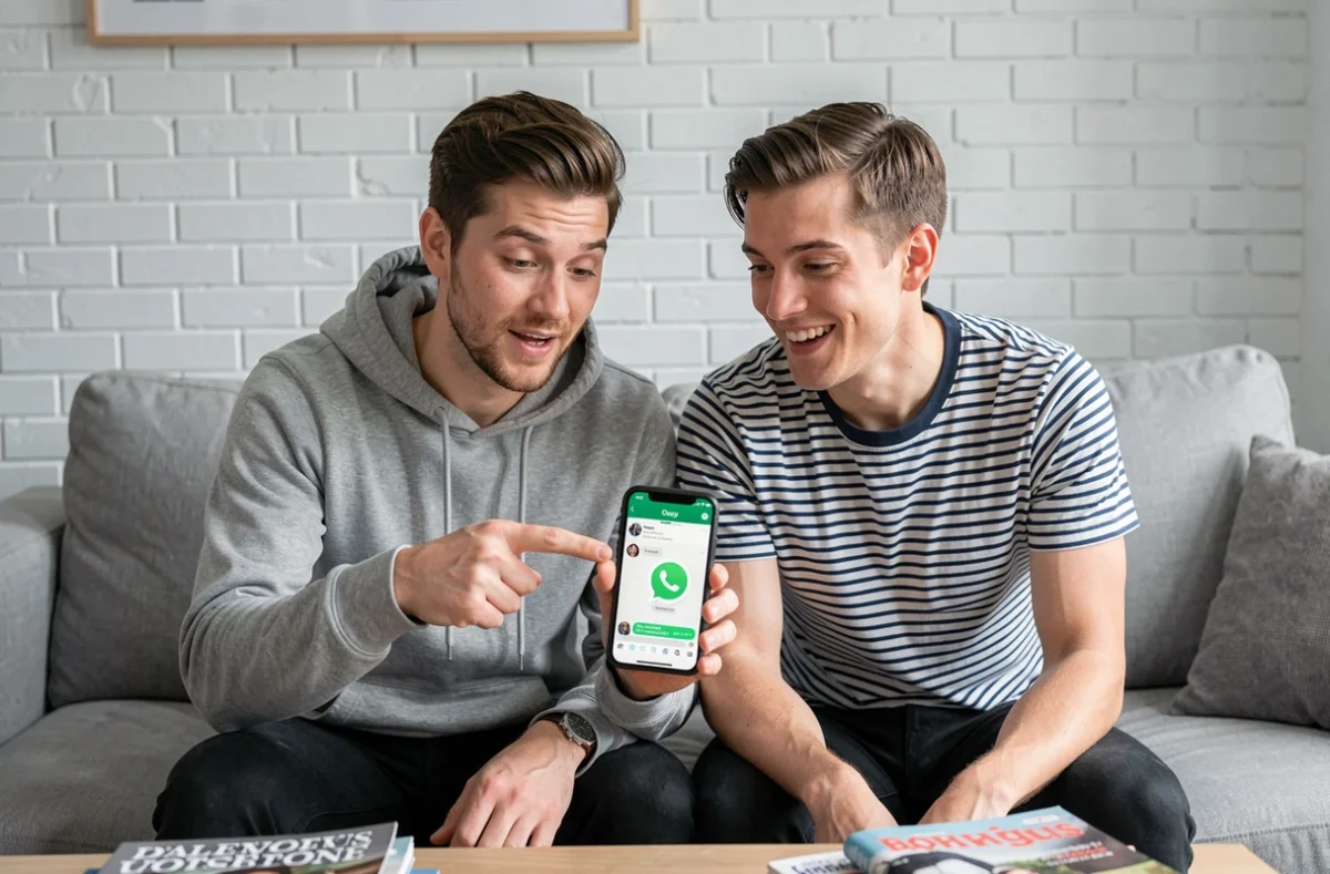 Deux amis découvrant ensemble la mise en italique dans une conversation WhatsApp sur iPhone