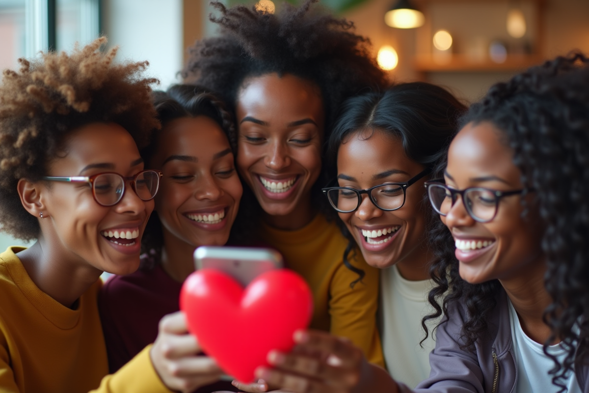 Groupe d amis riant en regardant un smartphone avec reflet de cœur dans les lunettes
