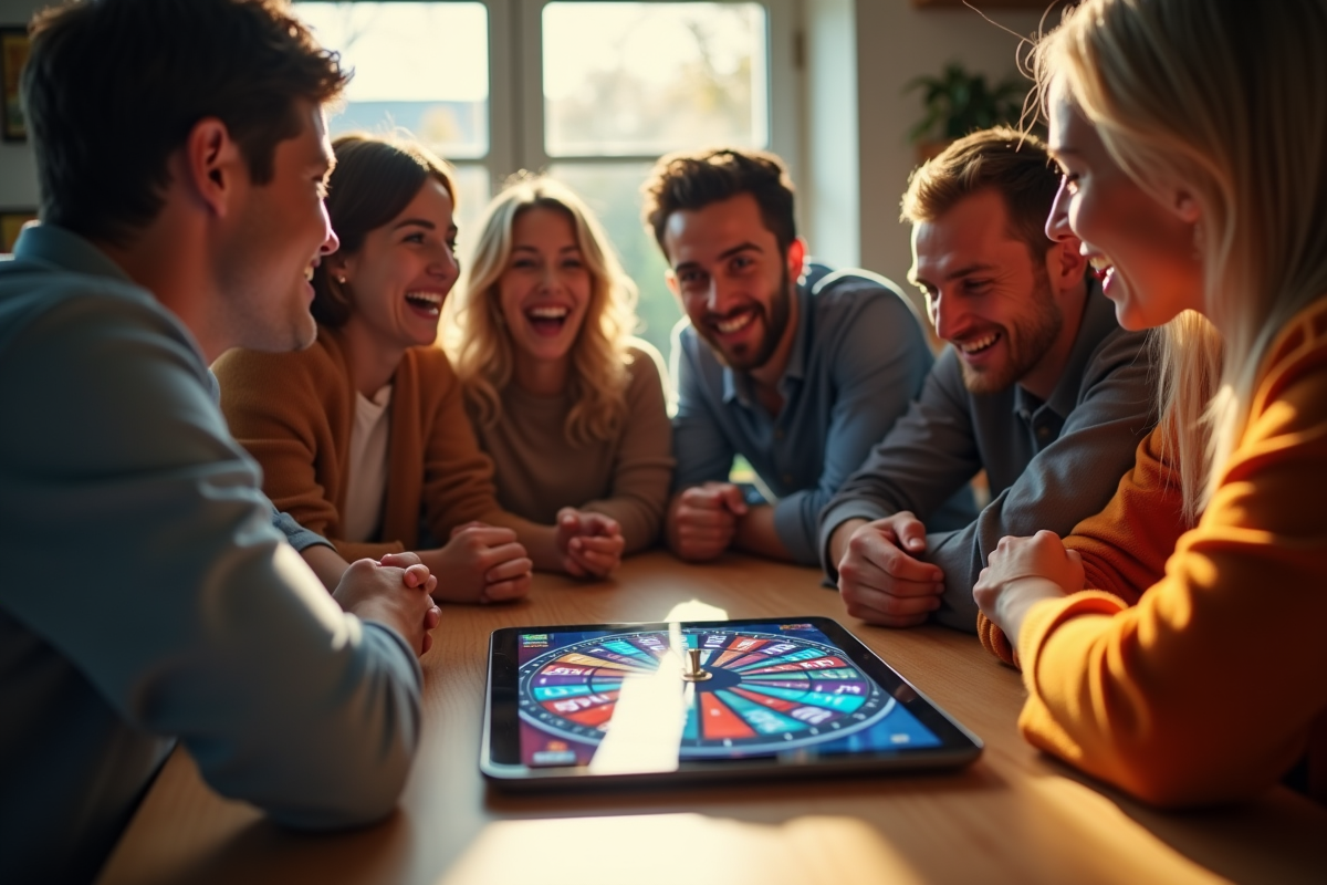 Groupe d amis regardant une roue digitale sur une tablette
