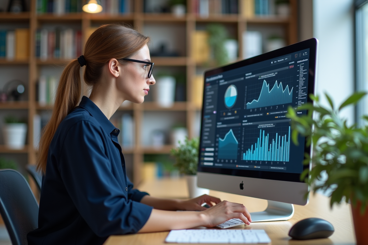Jeune analyste de données travaillant sur un tableau interactif