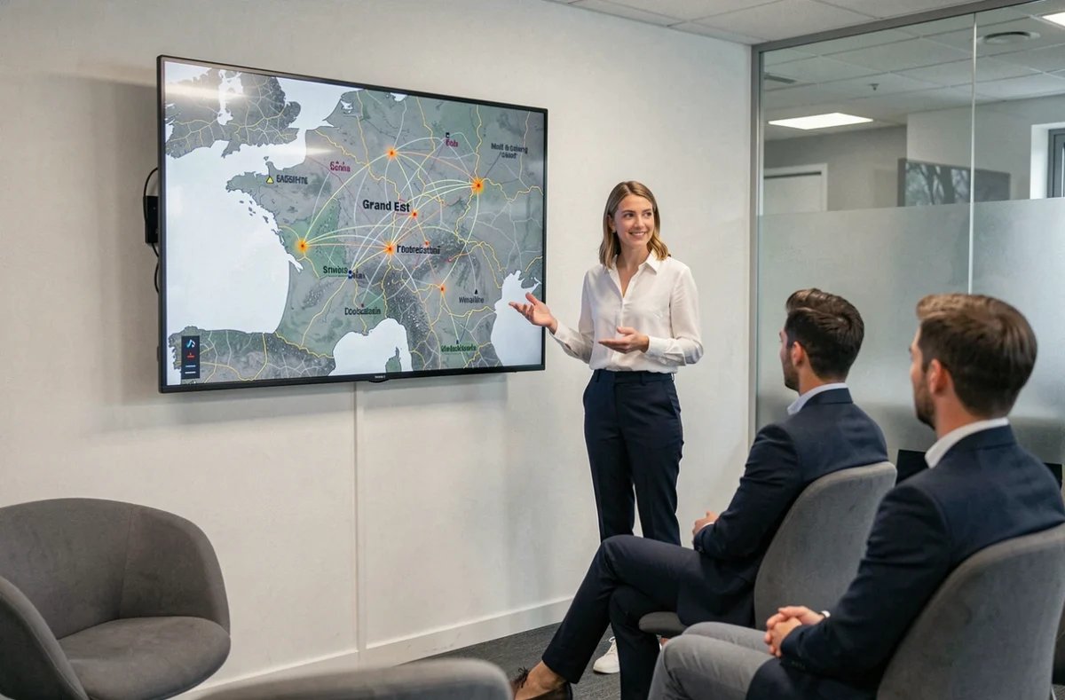 Consultante Aperlena antenne Grand Est présentant une carte de couverture régionale lors d'une réunion client