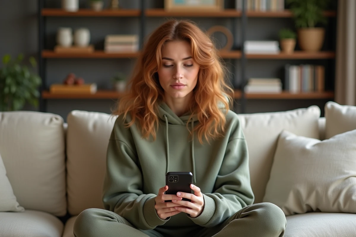 Jeune femme surveillant la progression d'un logiciel de récupération de photos supprimées sur son iPhone