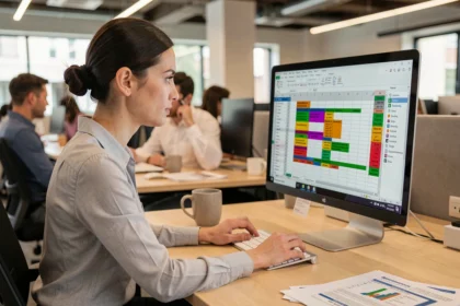 Femme professionnelle travaillant sur des formules Excel avec mise en forme conditionnelle et automatisation de rapports sur un grand écran de bureau