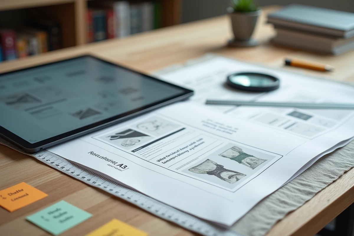 Vue aérienne d'un bureau de designer avec une feuille imprimée A3 comparée à une tablette affichant la même mise en page numérique, avec règle et loupe pour vérifier la résolution