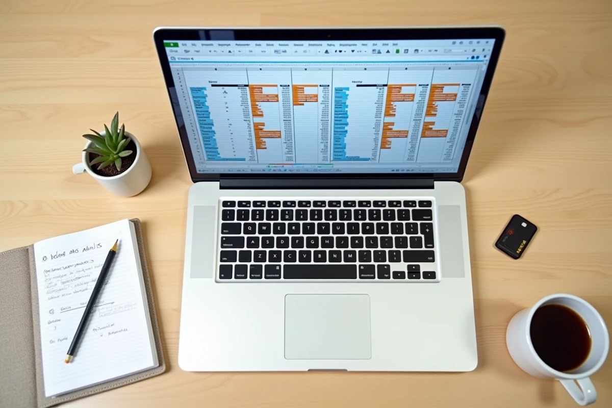 Vue de dessus d'un bureau minimaliste avec un ordinateur portable ouvert sur un tableau Excel illustrant la transformation de lignes en colonnes et un carnet de notes manuscrites
