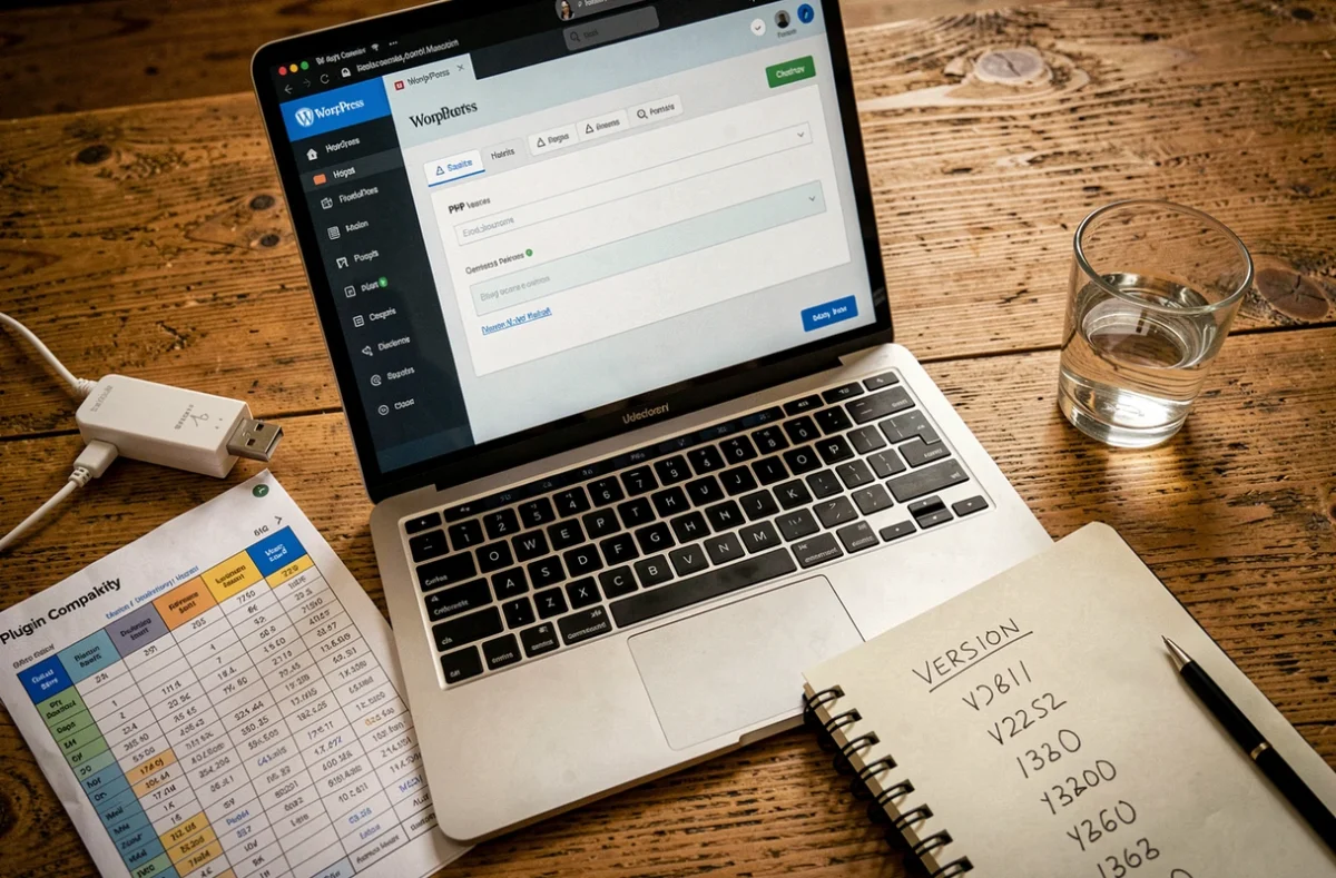 Vue aérienne d'un bureau avec écran WordPress affichant le sélecteur de version PHP et une liste de compatibilité de plugins imprimée
