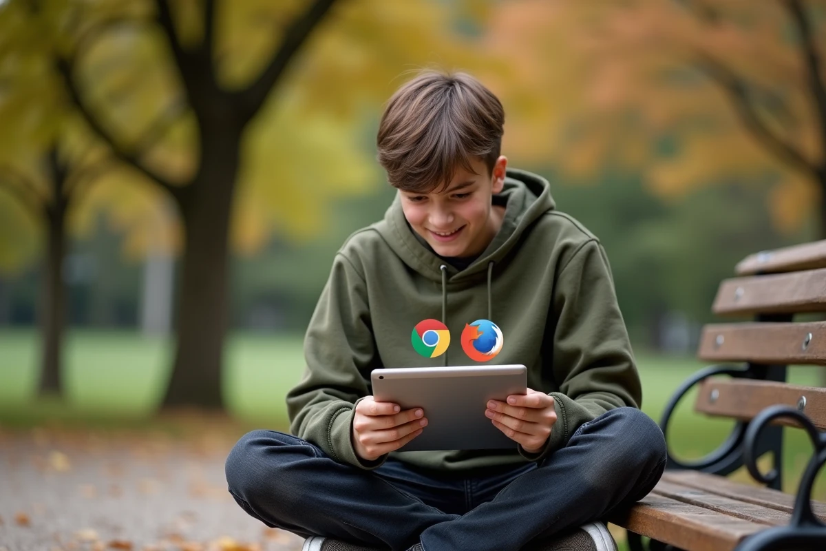 Adolescent comparant différents navigateurs web mobiles sur tablette dans un parc en automne