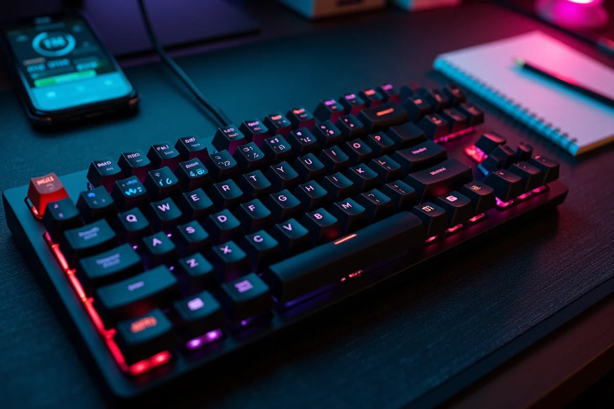 Vue en plongée d'un clavier mécanique gaming avec un chronomètre pour mesurer les actions par minute