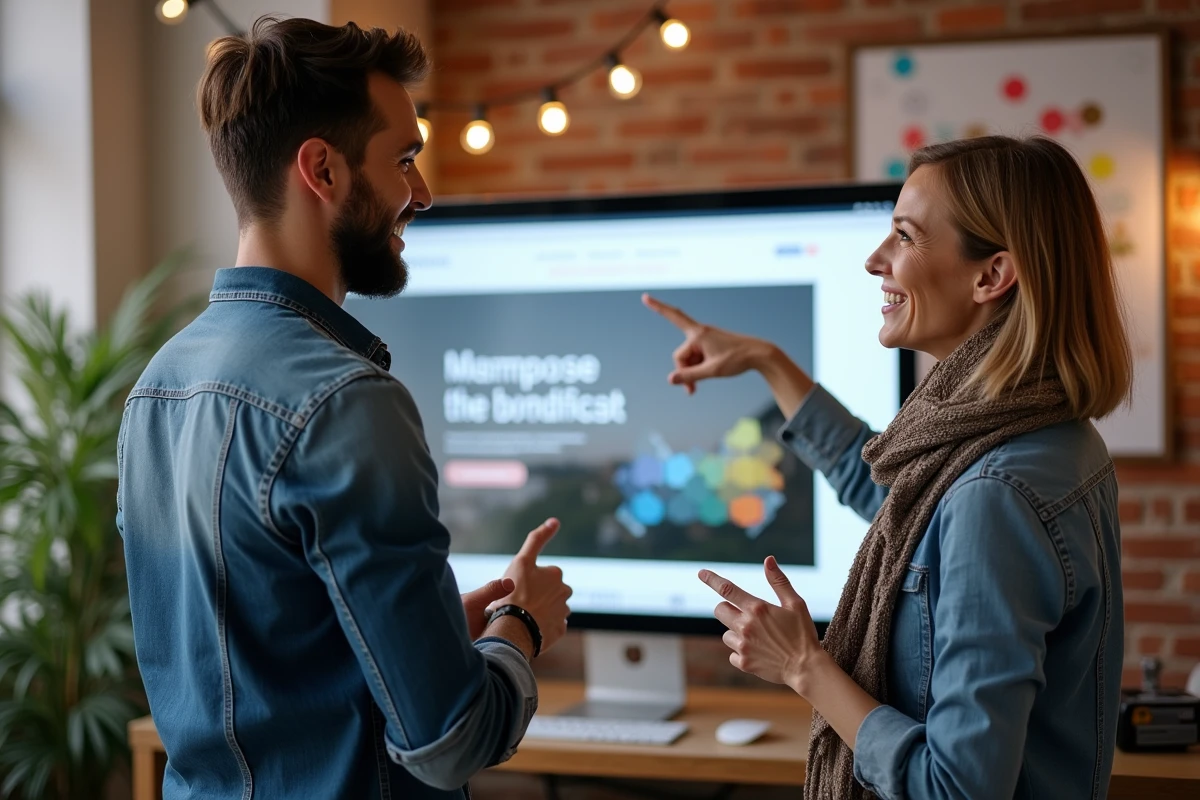 Deux créatifs discutant devant un grand écran dans un studio