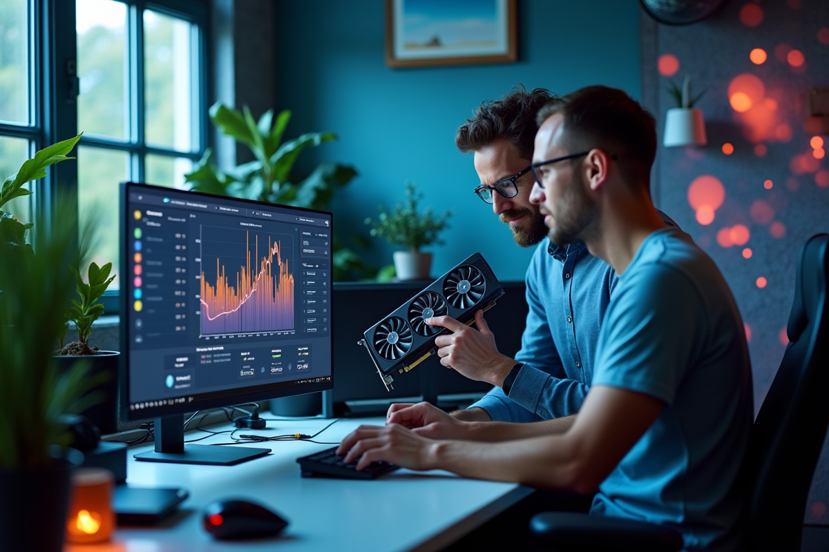 Deux personnes analysant des résultats de benchmark en équipe