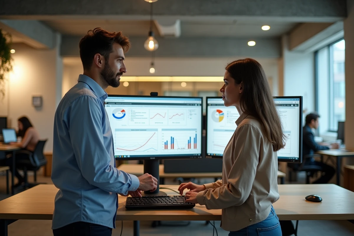 Deux collègues collaborant sur un calcul de pourcentage cumulé dans Excel sur un poste de travail en espace de coworking