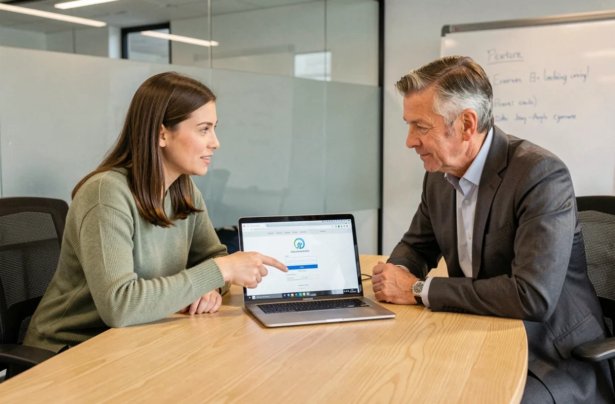 Deux collègues discutant de la gestion d'un compte MyPrimobox lors d'un changement d'employeur dans une salle de réunion d'entreprise