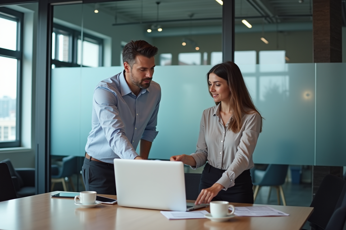Deux collègues discutant devant un ordinateur dans un bureau moderne