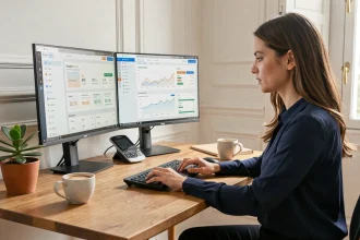 Femme comparant des hébergeurs web français sur deux écrans dans un bureau à domicile moderne pour son e-commerce