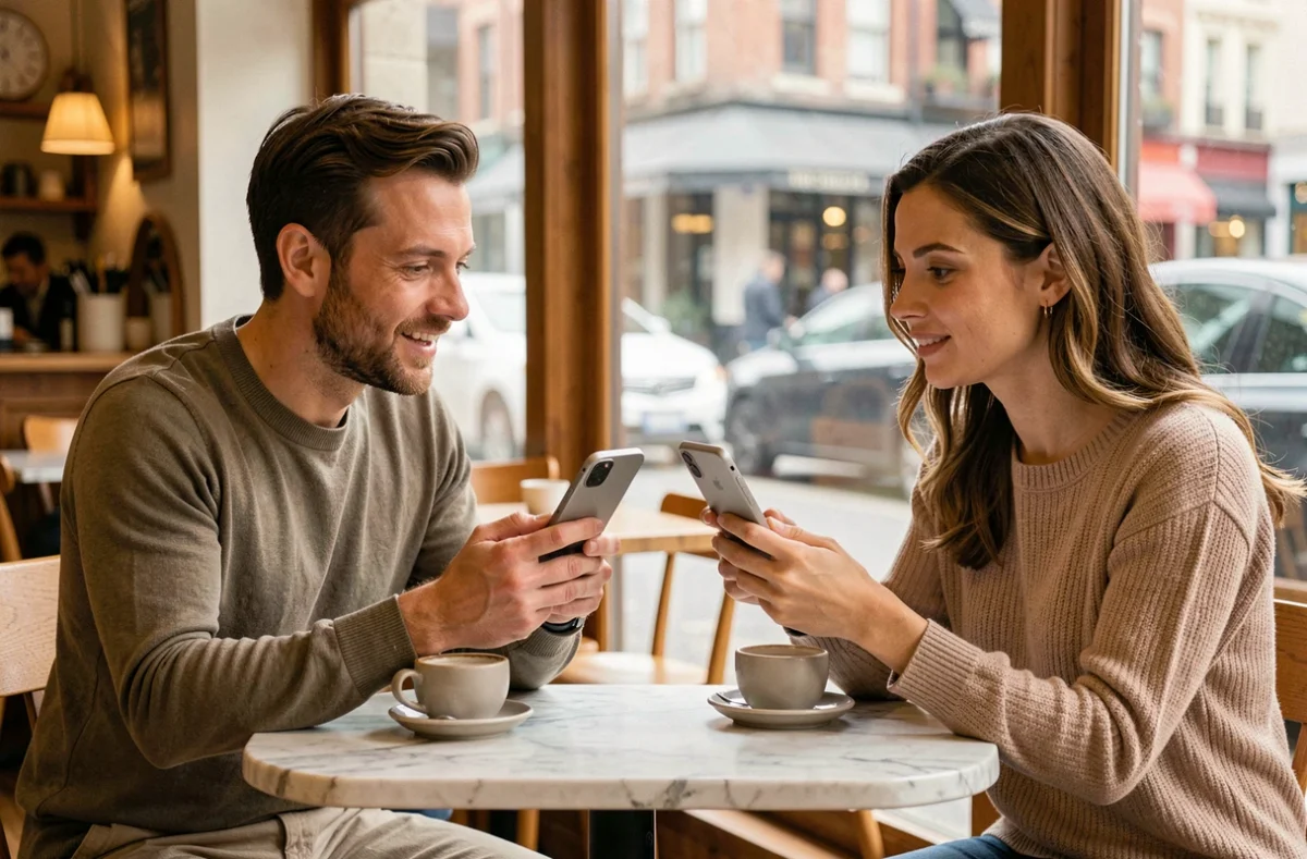 Deux personnes comparant différents modèles de téléphones Google Pixel dans un café, débattant des avis réels face aux tests YouTube