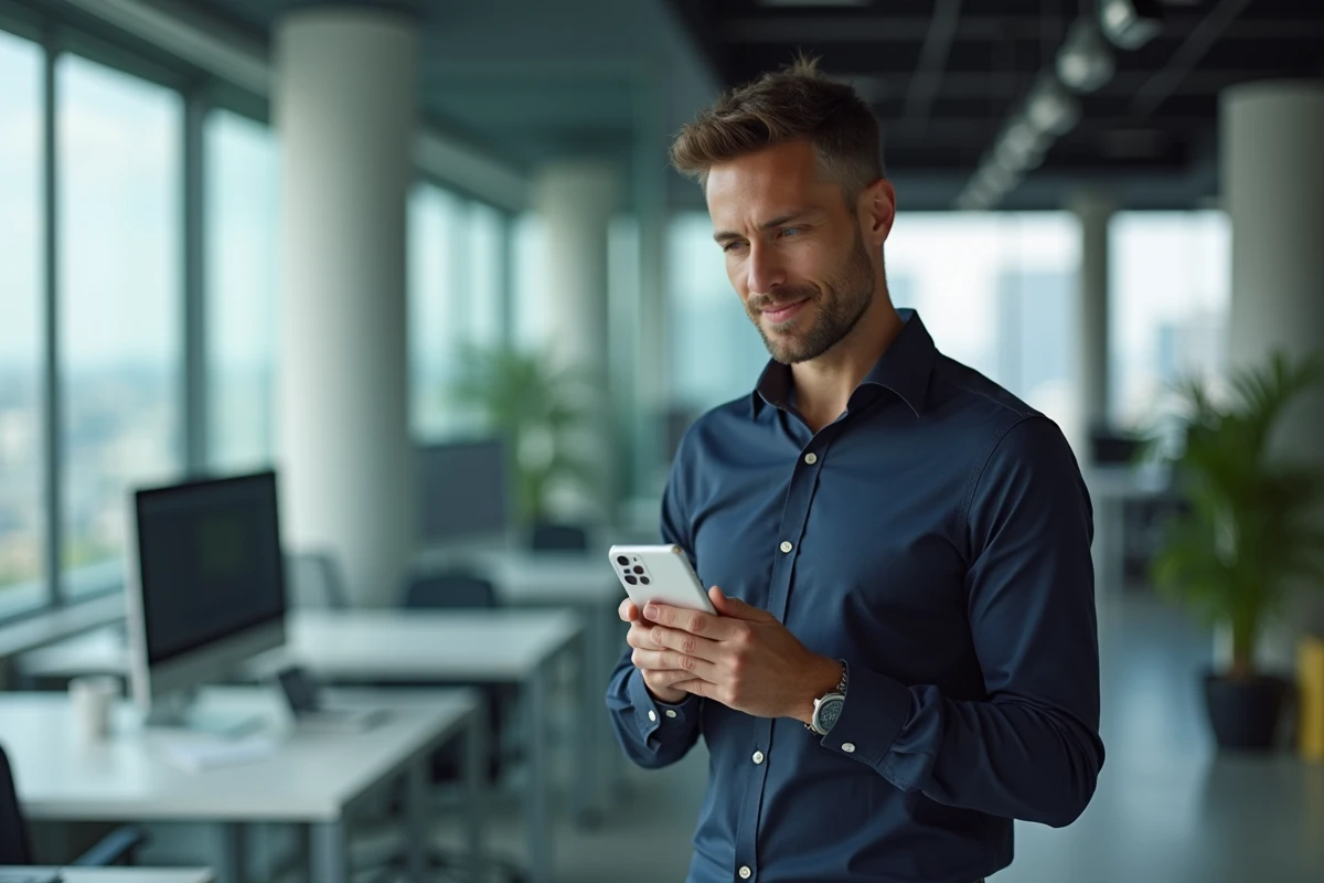 Homme en bureau moderne comparant des navigateurs web sur iPhone en 2026