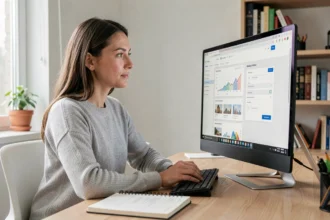 Femme comparant Wix et WordPress sur un écran d'ordinateur dans un bureau moderne