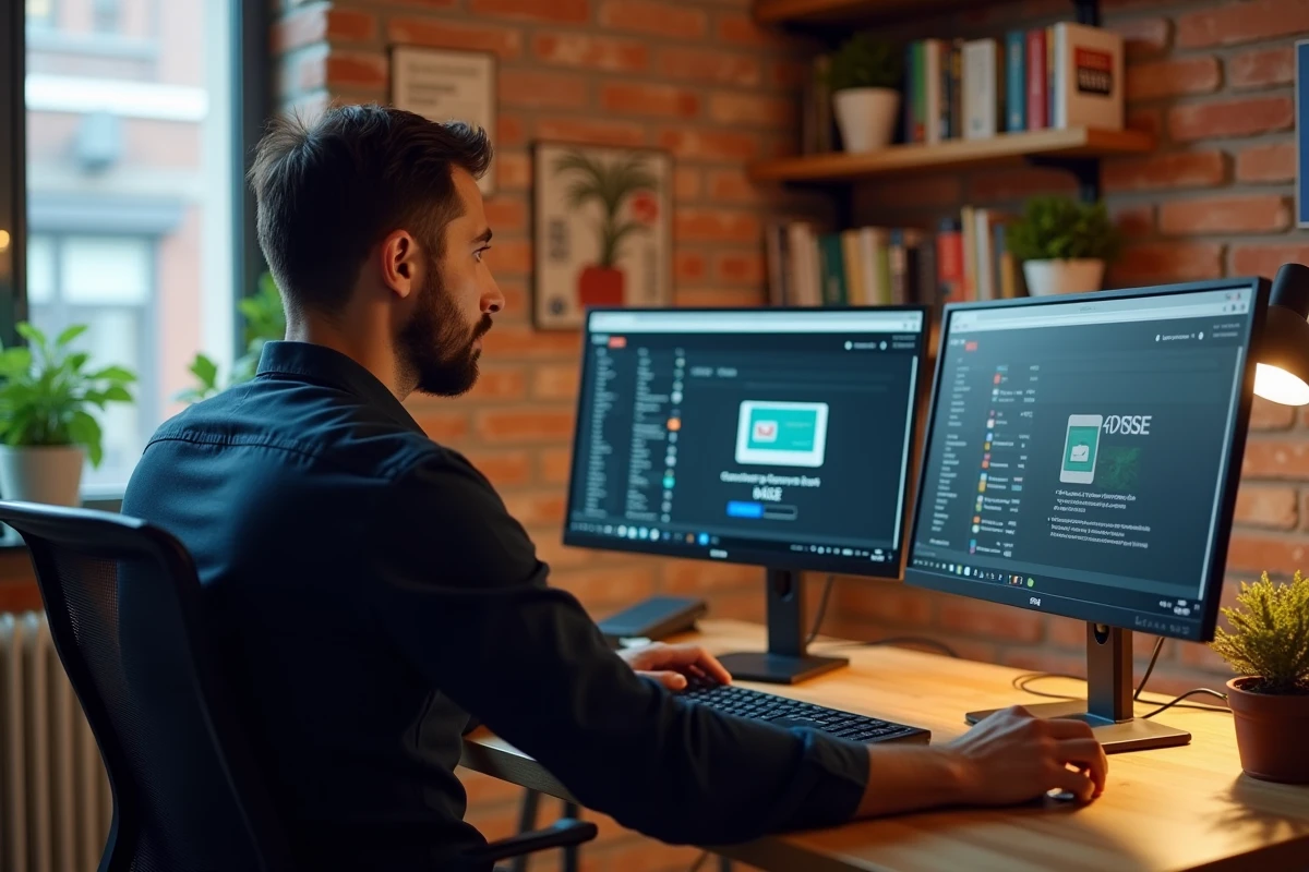 Homme en télétravail comparant plusieurs logiciels d'emailing sur deux écrans dans un bureau à domicile