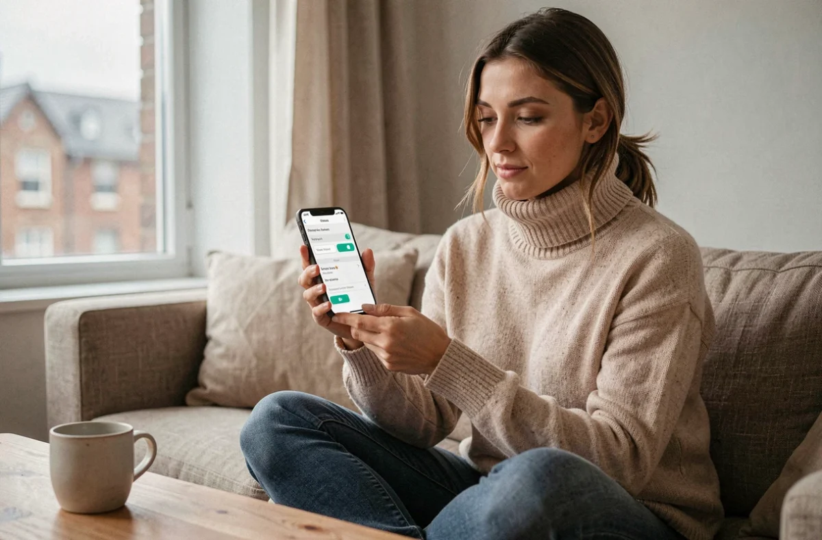 Jeune femme en pull beige sur un canapé ajustant les réglages de confidentialité de son application email sur smartphone