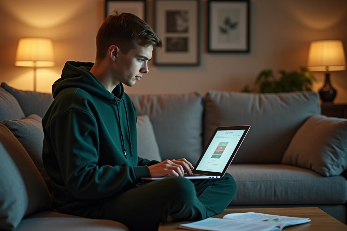 Jeune personne configurant un compte email sur ordinateur portable depuis son salon à domicile