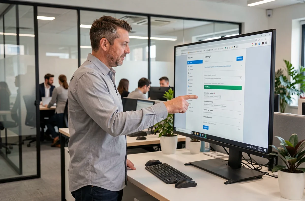 Homme configurant les paramètres de filtres anti-spam dans un logiciel de messagerie en entreprise