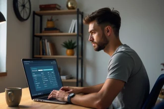 Homme utilisant l'interface mafreeboxos sur un ordinateur portable pour configurer sa Freebox à domicile