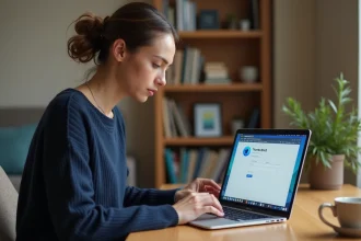 Femme configurant un client de messagerie Thunderbird sur un ordinateur portable dans un bureau à domicile
