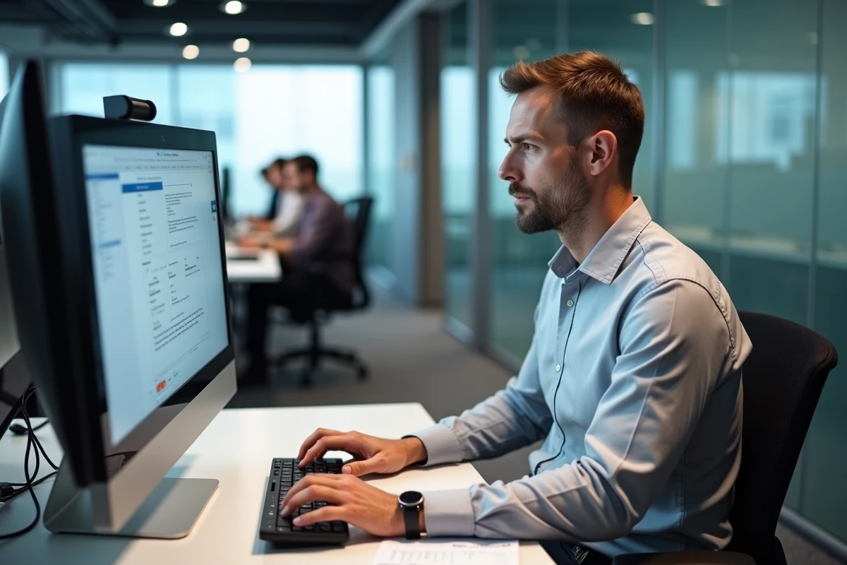 Homme configurant Outlook dans un bureau professionnel moderne avec moniteur de bureau