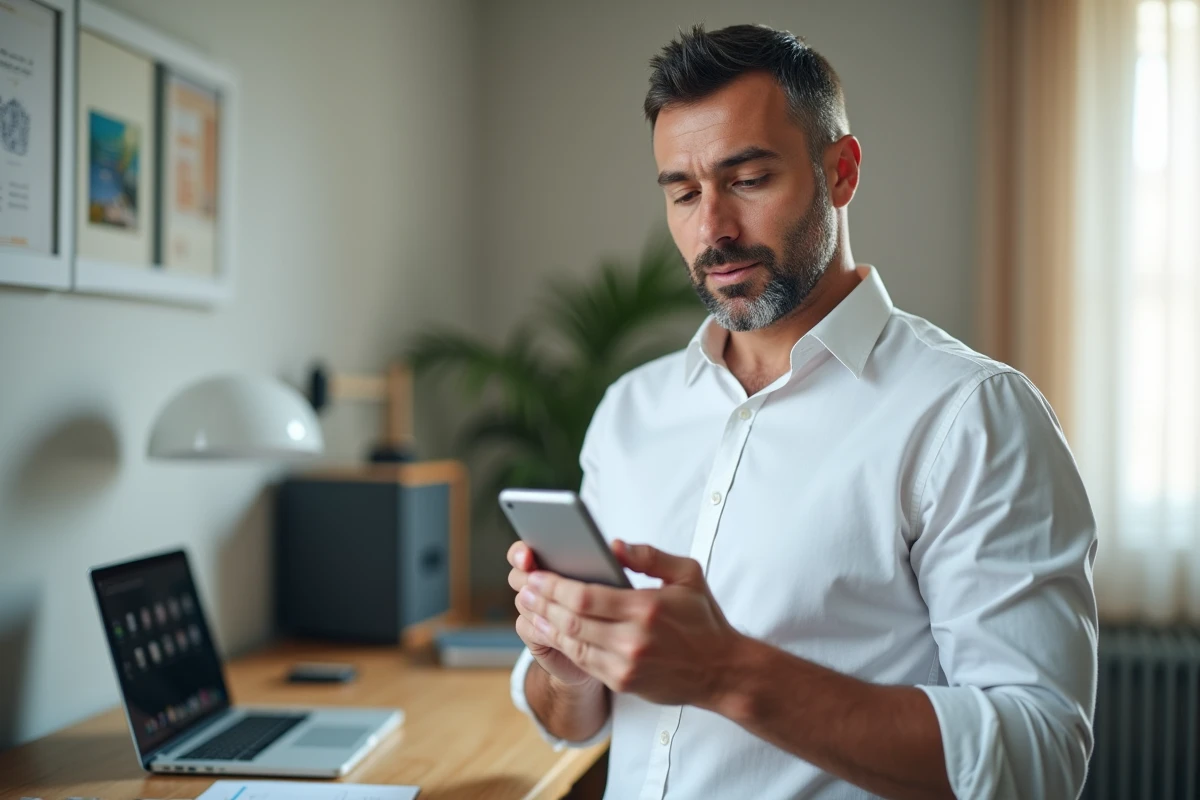 Homme contactant le service client Bouygues sur smartphone pour obtenir de l'aide sur un code erreur S1 ou C1