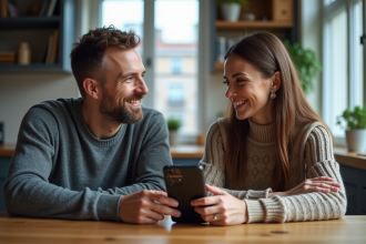 Un couple discutant à la cuisine avec smartphone entre eux