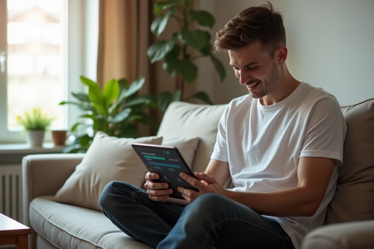 Jeune personne convertissant un fichier urgent via une application mobile sur une tablette dans un salon confortable