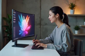 Créatrice de contenu utilisant une interface IA pour générer des visuels viraux sur un ordinateur ultrawide dans un studio moderne