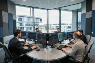 Centre opérationnel de cybersécurité en Auvergne-Rhône-Alpes avec équipe d'analystes devant des écrans de surveillance réseau