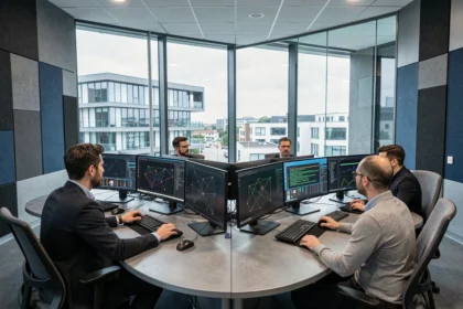 Centre opérationnel de cybersécurité en Auvergne-Rhône-Alpes avec équipe d'analystes devant des écrans de surveillance réseau