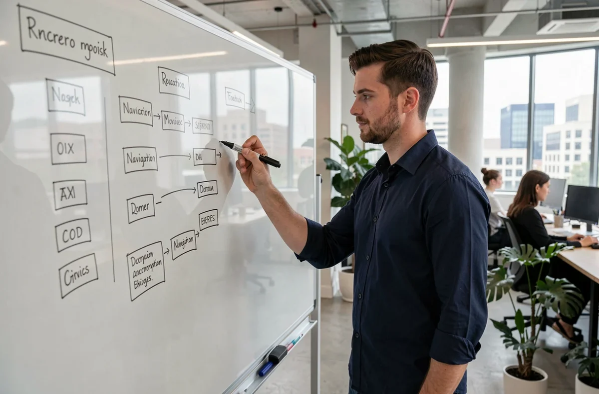 Designer UI dessinant des wireframes de menus et boutons sur un tableau blanc dans un studio de design ouvert