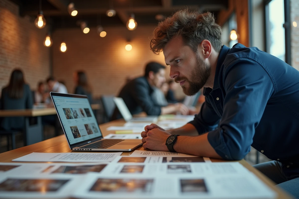 Designer en train d'analyser des visuels générés par IA sur un laptop dans un espace de coworking avec références imprimées