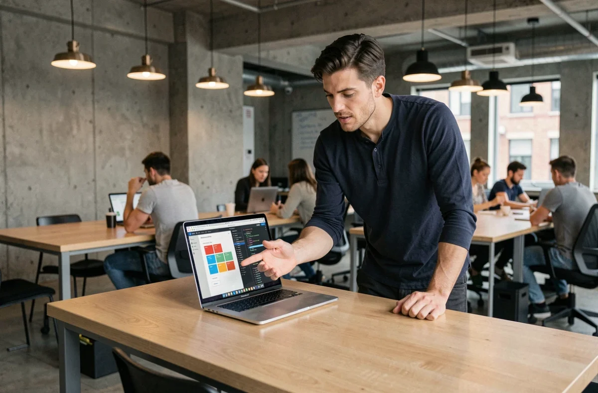 Développeur web évaluant des interfaces de création de site Wix et WordPress dans un espace de coworking