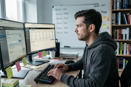 Développeur web masculin consultant des tableaux de compatibilité PHP et WordPress sur deux écrans dans un bureau moderne