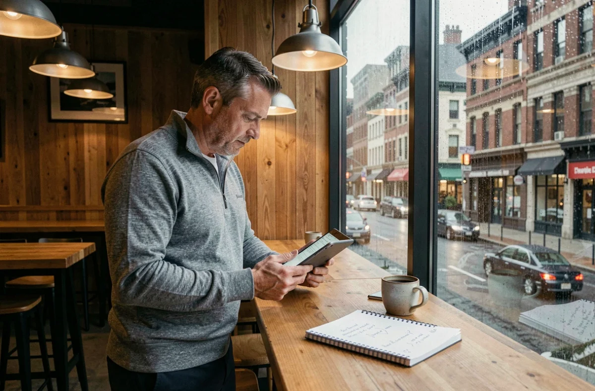 Développeur freelance Python consultant de la documentation sur tablette dans un café urbain sous la pluie