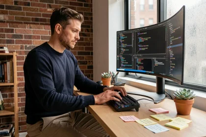 Développeur freelance Python concentré devant son bureau avec plusieurs fenêtres de code ouvertes dans un home office moderne