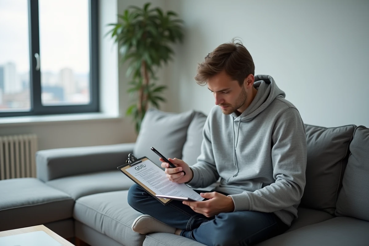 Développeur indépendant annotant un GDD de jeu mobile sur un clipboard dans un appartement moderne